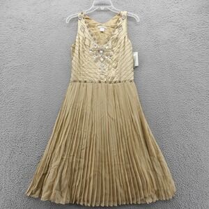 NWT WD-NY‎ Beaded Silk Fit Flare Dress 6 Gold Metallic Womens Pleated Midi *